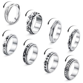 KALVICA 8Pcs Spinner Anxiety Ring for Women Mens Stainless Steel Rotating Silver Classic Spinner Rings Flower Moon Star Fidget Rings Stress Relieving Wide Rings Size J1/2-X1/2