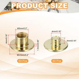 PATIKIL Chicago Screws, 60set M5 x 4mm Carbon Steel Phillips Head Screw Rivets Binding Screws Post Nail Rivet for Leather Belt Bag Backpack Craft Bookbinding, Gold Tone