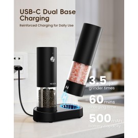 Electric Salt and Pepper Grinder Set, Rechargeable USB Base, Automatic One-Hand Operation, 6 Adjustable Coarseness, 140ml Capacity, LED Light, Refillable for Kitchen, Housewarming Gift