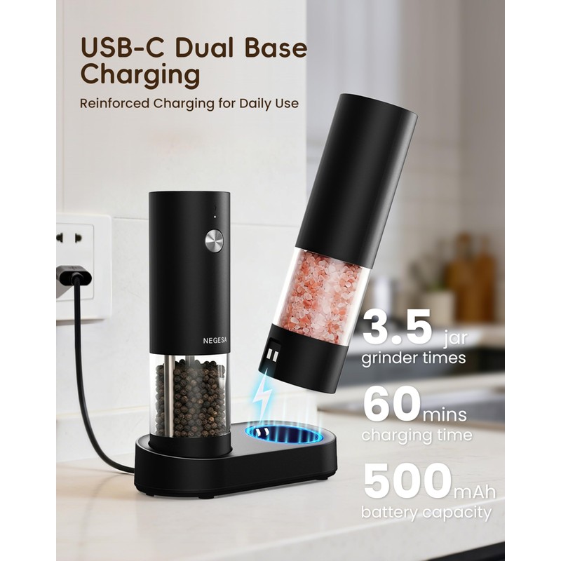 Electric Salt and Pepper Grinder Set, Rechargeable USB Base, Automatic