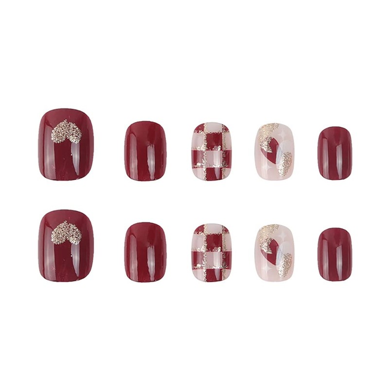 Wedding 24 Pieces Claret Short Chess Love False Nail Pearl