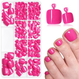 240pc Press on Toenails Women Fake Toe Nails with Tabs, Fuchsia Fake Toenails Press on Nails Toe Acrylic Nail Tips Short Square False Toenails Stick Artificial Toe Nails Press ons Pedicure