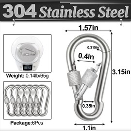 Spencer Locking Carabiner Clips 3.15'' 6 Pack-304 Premium Stainless Steel Thumb Screw Carabiner Clip Heavy Duty For Outdoor, Camping, Hiking, Swing, Gym, Dog Leash, silver