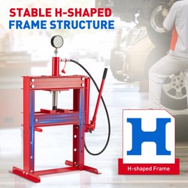 Hydraulic Shop Press, 10 Ton H-Frame Garage Floor Shop Press Adjustable Hydraulic Press with Gauge & Press Plates, Red