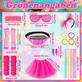 Jokureao 16 Pieces 80s Outfit Women's Set, Neon Costume Women, 80s Costumes Accessories with Tutu Skirt, Bum Bag, Headband, Mesh Gloves, Leg Warmers, Jewellery, for Party Carnival