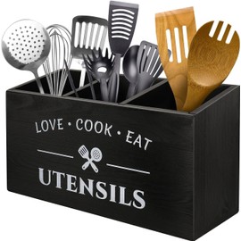 FORNORM Kitchen Utensils Holder, Wooden Utensil Pot with 3 Compartment Large Black Utensil Holder for Kitchenware Spatula Soup Ladle, 30x12x17 CM