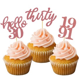 24 Pcs Rose Gold Glitter 30th Birthday Cupcake Toppers for 30th Anniversary Birthday Party Wedding Party Decorations