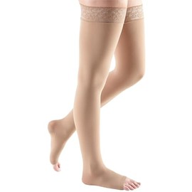 mediven for Women Comfort Thigh High 15-20 mmHg Compression Stockings, Open Toe w/ Lace Silicone Top Band, Natural VII