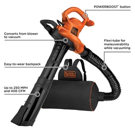 BLACK+DECKER Electric Leaf Blower, Leaf Vacuum and Mulcher 3 in 1, Backpack Blowers for Lawn Care,250 mph Airflow, 400 cfm Delivery Power, Reusable Bag Included, Corded (BEBL7000)