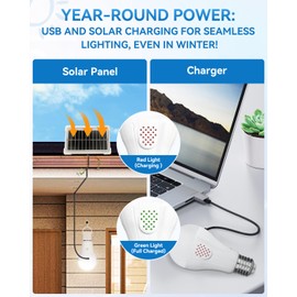 Solar & USB Rechargeable Light Bulbs With Remote + Touch Control, 3 Colors & Dimmable, Large Solar Panel 1800mAh Battery Powered Light Bulb, Battery Light Bulbs Indoor For Home Camping Shed
