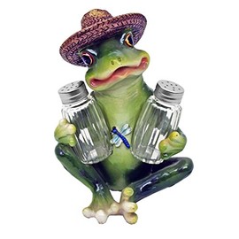 DWK Frog Sombrero Figurine Spice Holder with Refillable Glass Salt and Pepper Shakers 3 Piece Set | Senor Frog Decorations Salt Pepper Shaker Set - 7"