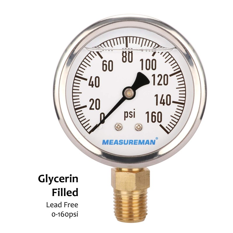 MEASUREMAN RV Water Pressure Regulator Replacement Gauge, 0-160psi, Lead-Free, Glycerin