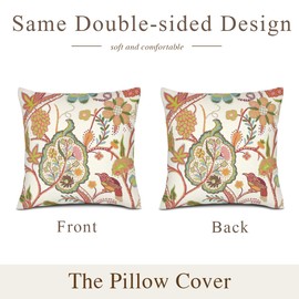 POMOTER Set of 2 20x20Inch Coral Tan Jacobean Floral Throw Pillow Cover Home Decorative Square Cream and Red Green Bird Flower Plant Cushion Covers Cotton Linen Home Decor Boho Pillowcase