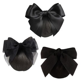 Aquafix Chignon Net, Set of 3, Bun Net, Ribbon, Bowknots, Hair Ornament, Hair Accessories, Everyday Use, Simple, Work, Ceremonial, Funeral, Lady (Black)