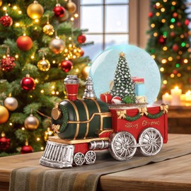 Lighted Musical Christmas Train Snow Globe Lantern with Christmas Trees, Battery Operated Water Glittering Lantern with Music and 6H Timer Christmas Table Centerpiece Decoration and Gift