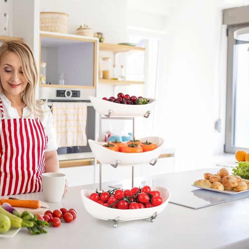 YYW 3 Tier Fruit Bowl for Kitchen Counter, White Ceramic