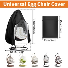 Teynewer Patio Hanging Egg Chair Cover, Outdoor Single seat Cocoon Swing Egg Chair Cover Waterproof with Zipper, 210D Heavy Duty Veranda Garden large Cover for egg chair on stand 190 x 115 cm, Black