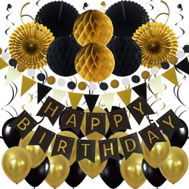 ZERODECO Birthday Party Decoration, Happy Birthday Banner with Paper Fans, Honeycomb Balls, Triangular Pennants, Circle Paper Garland, Hanging Swirls and Balloons - Black, Gold and Gray