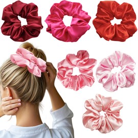 6 Pack Oversized Satin Scrunchies for Women, 7" Extra Large No Slip Hair Ties for Thick Curly Hair, Pastel Colors Soft Hair Bands for Workout, Wedding, Office (Red)