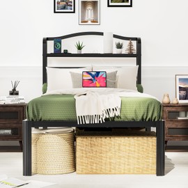 RmagineX Twin XL Bed Frames with Headboard Metal Mattress Foundation 18 Inch Tall Bed Frame No Box Spring Needed Black Platform Bed Frame with Charging Station (18 Inch-A1, Twin XL)