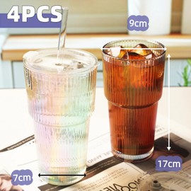 Zextira 20 oz Iridescent Glass Tumbler With Lid and Straw Set, 4 Pcs Colorful Ribbed Glass Tumbler, Reusable Iced Coffee Cups for Water, Tea, Coffee, Juice, Yogurt, And Soda Water