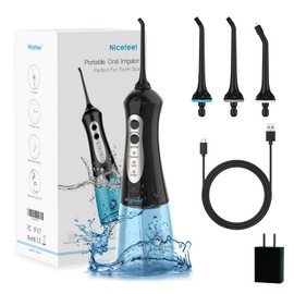 Cordless Water Flosser Teeth Cleaner, Nicefeel 300ML 2 Tip Cases Portable and USB Rechargeable Oral Irrigator for Travel, IPX7 Waterproof, 3-Mode Water Flossing with 4 Jet Tips for Home