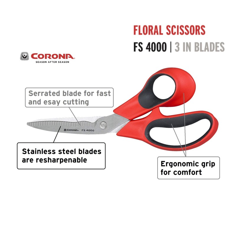 Corona Stainless Steel Floral Scissors, 3 Inch Blade, FS 4000,Red