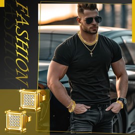 Yinkin 6 Pcs Hip Hop Jewelry Set for Men Rhinestone Link Chain Bracelet Earrings Tennis Diamond Jewelry Set for Men Gift (Gold)