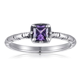 AVECON 2mm Vintage Silver Rings Hammered Rings Purple Princess Cut 4x4mm Amethyst Inaly Comfort Fit Size P 1/2
