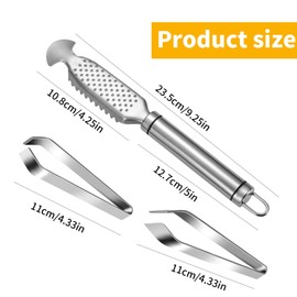 QINGYIWL Fish Scaler Stainless Steel Fish Scale Remover with 2 Bone Tongs, Professional Fish Scaler Kitchen Aid for Seafood, Poultry