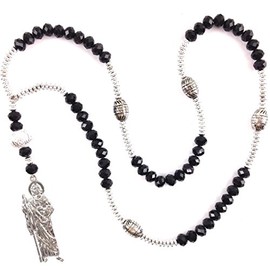 Western Peak San Judas Crystal Glass Bead Prayer Silver Beads Rosary Rosario (Black)
