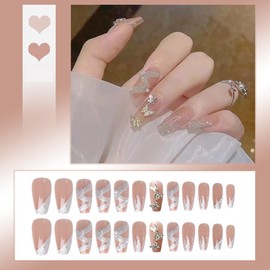 Nail Tip, Long, 24 Pieces, Nail Tip, Glitter Stone, Cute Butterfly, 3D Butterfly, Weddings, Entrance Ceremonies, Popular, Japanese, Brides, Stylish, Advanced, Elegant, Nail Wrap (G)