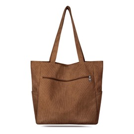 Kememo Corduroy Tote Bag for Women with Zipper, Large Shoulder Bag Hobo Handbag Tote Purse for Work Shopping Travel Gym Vacation, Brown