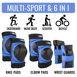 NHH Adult & Kids Knee Pads Elbow Pads Wrist Guards for Kids Youth Adultds Men and Women 6 in 1 Protective Gear Set for Skateboarding, Skating, Roller Skating and Multi-Sports (Blue, Small)