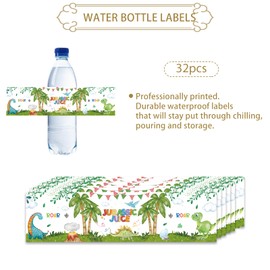 ROSTYAKZ 32pcs Dinosaur Water Bottle Labels, T-Rex Baby Shower Stickers, Jurassic Juice Birthday Water Bottle Lables for Boy 1st Birthday Party, Dino Themed Party Decoration