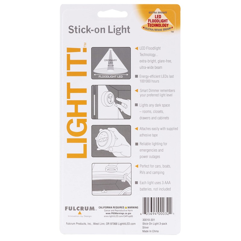 LIGHT IT! by Fulcrum, 30010-301 Stick-On Light, Silver, 3 Pack