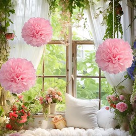 EOMECUIGAO Tissue Paper Pom Poms Paper 10pcs for Party, Wall Hanging Tissue Paper Flower Decorations 12 Inch, 10 Inch（Pink）