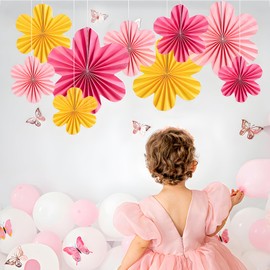 9Pcs Hanging Paper Fans, Paper Flowers Decorations, Abanicos De Papel Colgantes, Paper Floral Backdrop for Classroom Decoration, Birthdays, Rustic Weddings, Parties (Pink Red Yellow)