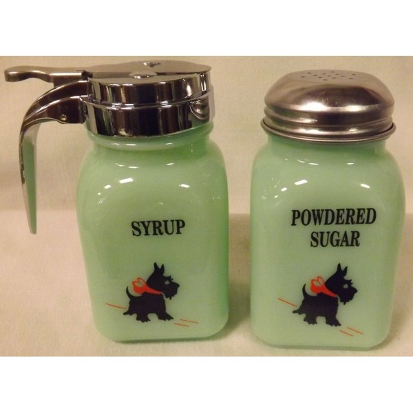 Breakfast Set - Syrup and Powdered Sugar - Jade Jadeite Jadite Green Glass Scottie Scotty Dogs - American Made (Red Bow Scottie Block)
