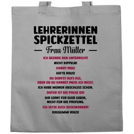 Baumwolltasche - Geschenke für Lehrerinnen Spickzettel mit Name I Geschenkideen Lehrerinnen lustig I Lustige Lehrerin Weihnachten Geschenk Lehrerin Weihnachten - Unisize - Hellgrau