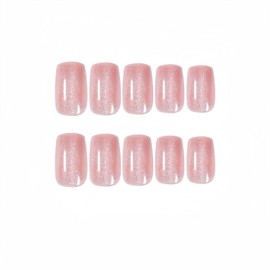 BFY Cat Eye Press on Nails Medium Square Fake Nails, Light Pink Gel Acrylic Nails, Holographic Glitter Glossy False Nails Kits Salon Quality Stick Glue on Nails Tip 24 Pcs