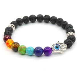 3 Pcs 8mm Lava Rock Stone Bracelet Buddha Skull Hamsa Hand 7 Chakra Bead Men Women Bracelet