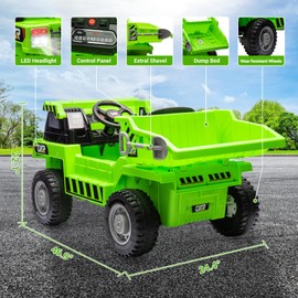 SEHOMY Kids Ride On Dump Truck for, 12V Kids Electric Car with Parent Remote, Dump Bed, Shovel, Spring Suspension, LED Lights, Battery Powered Kids' Electric Construction Vehicles Power Wheels