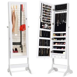 Giantex Lockable Standing Jewelry Armoire with Full Length Mirror, Large Storage Capacity Jewelry Cabinet Organizer with 2 Drawers, 4 Angel Adjustable, Extra Wide Mirror, for Women Girls (White)