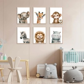 JINZUNRUI Pictures for Children's Room Decoration, Set of 6, DIN A4, Children's Room Poster, Animals, Wall Pictures, Baby Room Wall Decoration, Girls and Boys, Baby Room Decoration, without Picture