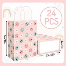 JarThenaAMCS 24Pcs Boho Smile Paper Gift Bags with Handles Pink Smile Face Daisy Flower Candy Goodie Treat Bags for Birthday Baby Shower Back to School Party Supplies