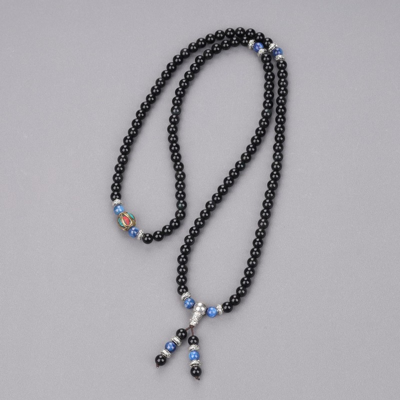 coai® 108 Beads Multilayer Blue Kyanite and Obsidian Malas Prayer