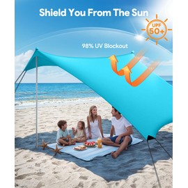 Raynesys Beach Tent Sun Shelter, 10 x 10 FT Beach Canopy Tent Sun Shade, UPF50+ Tents Canopy with 8 Sandbags & 4 Stability Poles, Outdoor Tents for Camping Fishing, Light Blue