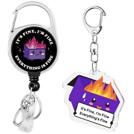 Dumpster on Fire Funny Retractable Badge Reel with Claw Clasp Swivel Alligator Clip Id Card Badge Holders & Keychain for Teacher Nurse Cruise Wallet Office Gifts I'm Fine Acrylic Keychain Purple