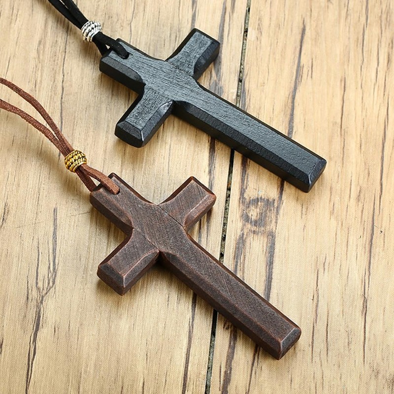 Rockyu Men's Long Cross Necklace Popular Cross Wooden Charm Black